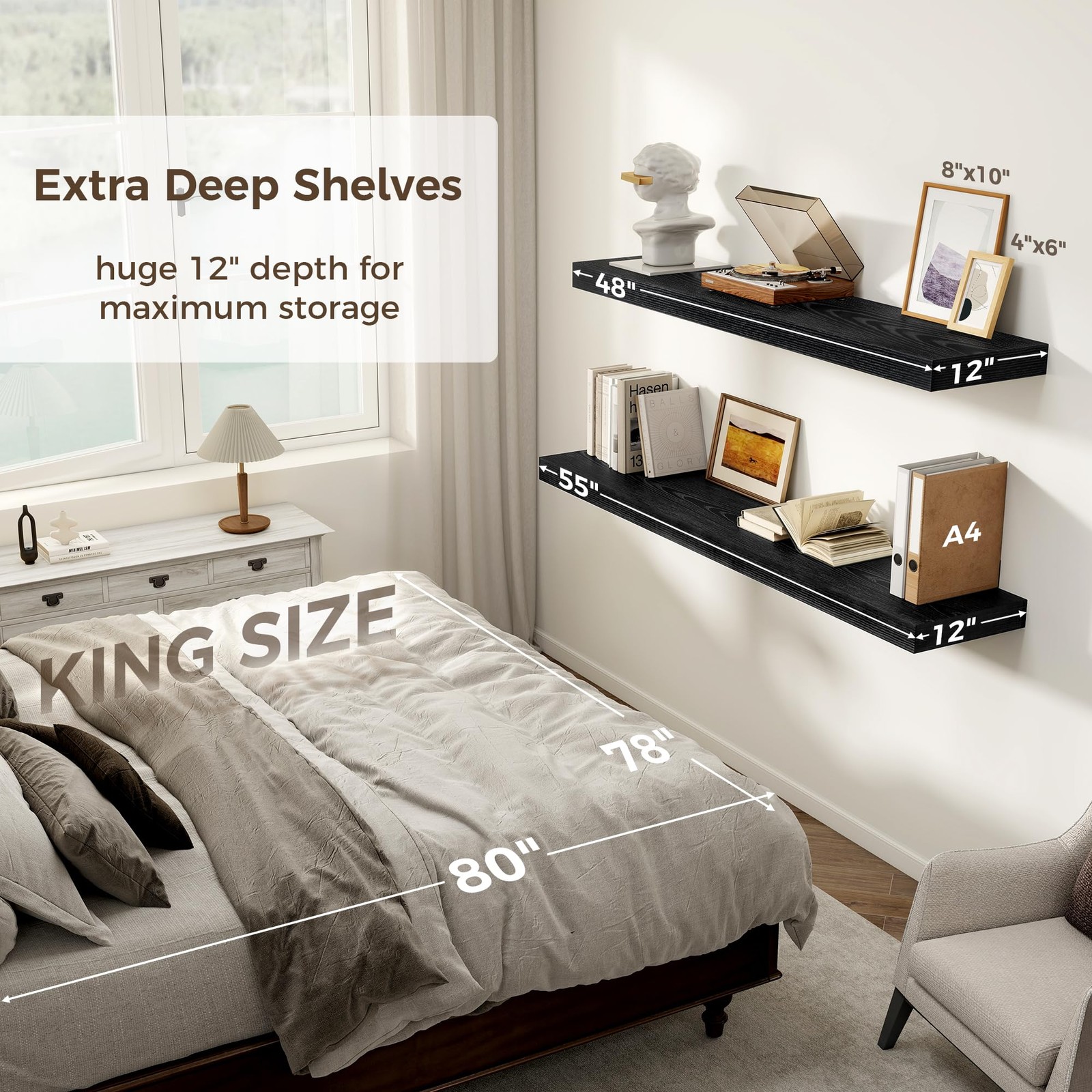 Black Floating Shelves 55 Inch Long, 12 Inch Deep Floating Shelves for Wall, …