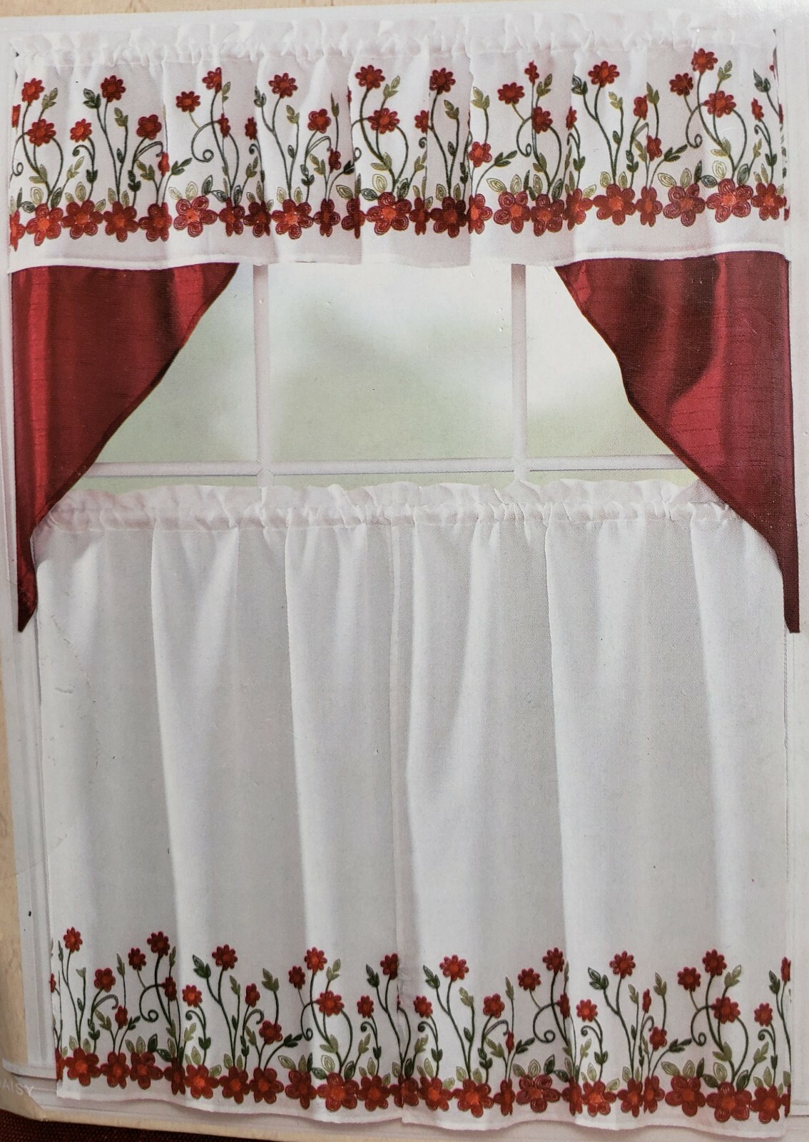 3 pc. Embroidery Curtains Set: 2 Tiers & Swag (60″ x 36″) RED FLOWERS, DAISY, HG