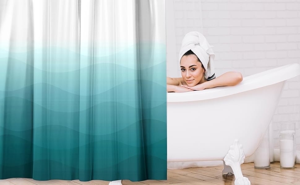 71×74 Wave Blue Ombre Shower Curtain – Water-Resistant Long Shower Curtain with