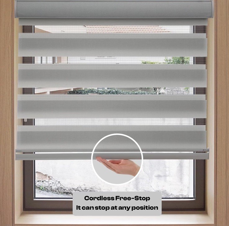 Cordless Zebra Roller Shades for Windows,Gray Sheer Zebra Blinds Dual Layer NIP