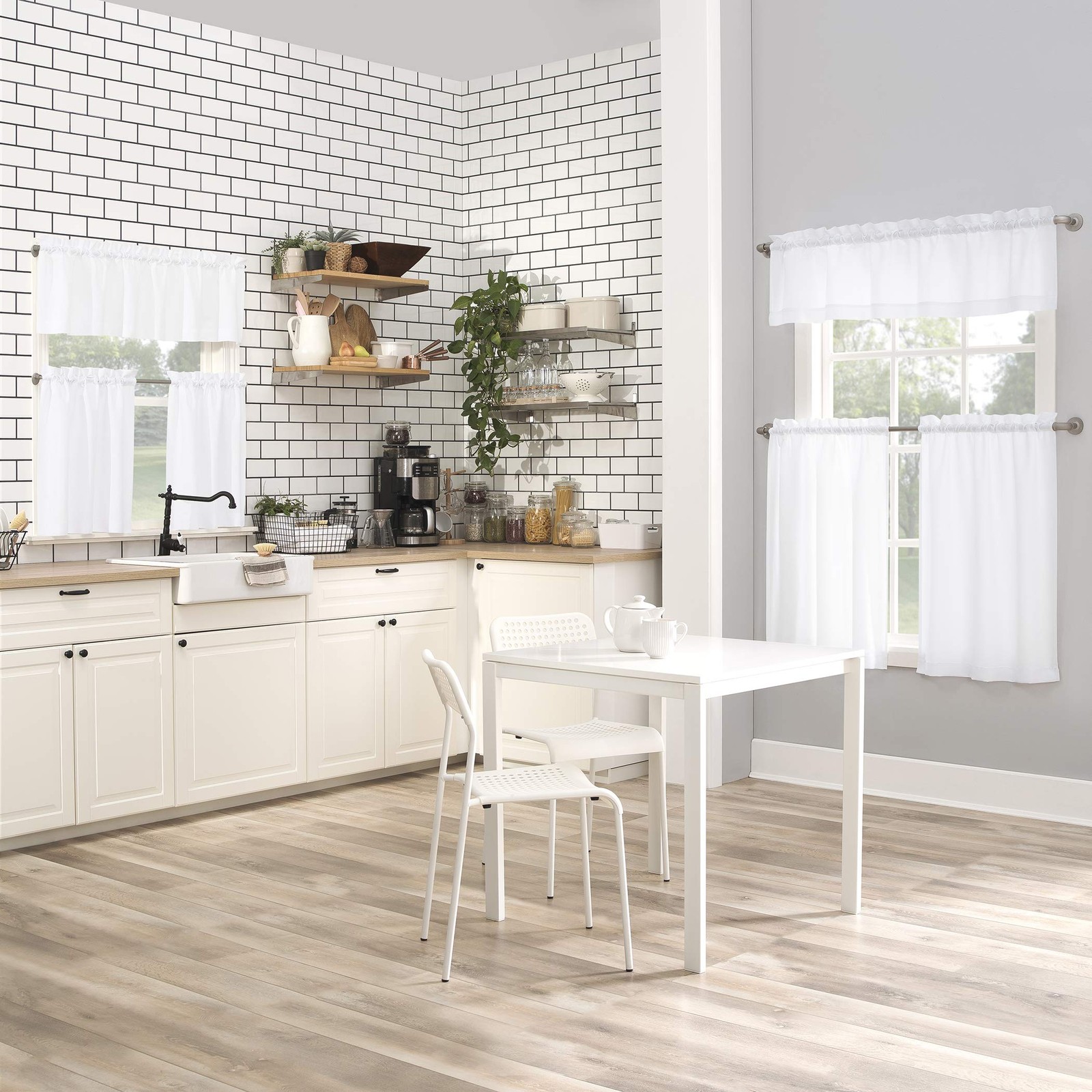 No 918 Martine White Microfiber Semi Sheer Kitchen Curtain Set 24×54 Inches