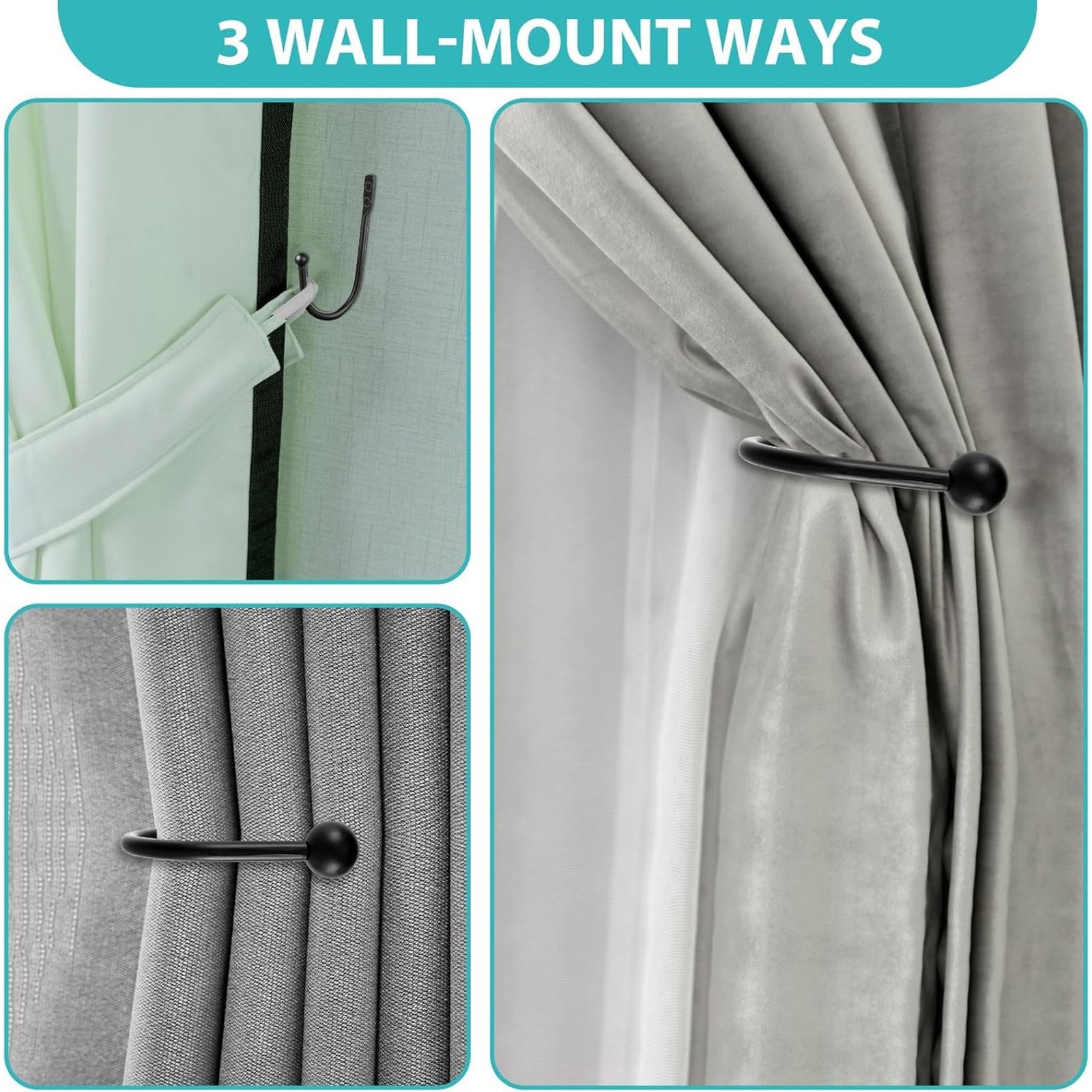 8 Pcs Curtain Tie Backs, Black, U Shaped Curtain Holdbacks Metal Wall Hooks | Wa