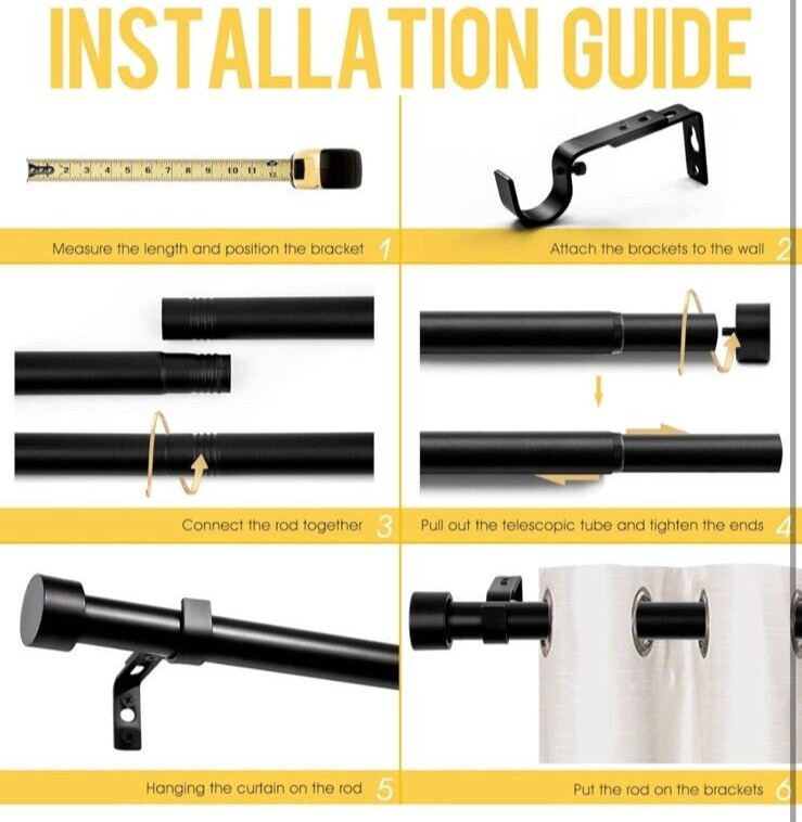 Kamanina 1 Inch Curtain Rod Single Drapery Rod 66-144 Inches(5.5-23 Ft) Black