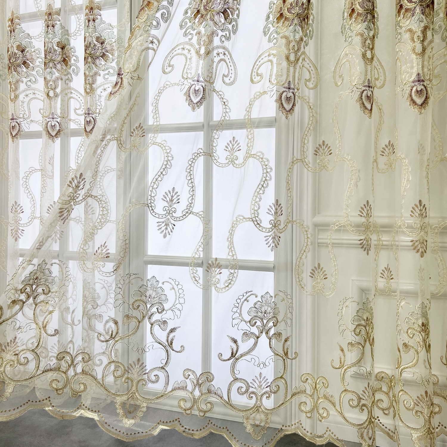 Wpkira Exquisite European Embroidered Floral Sheer Curtains Rod Pocket