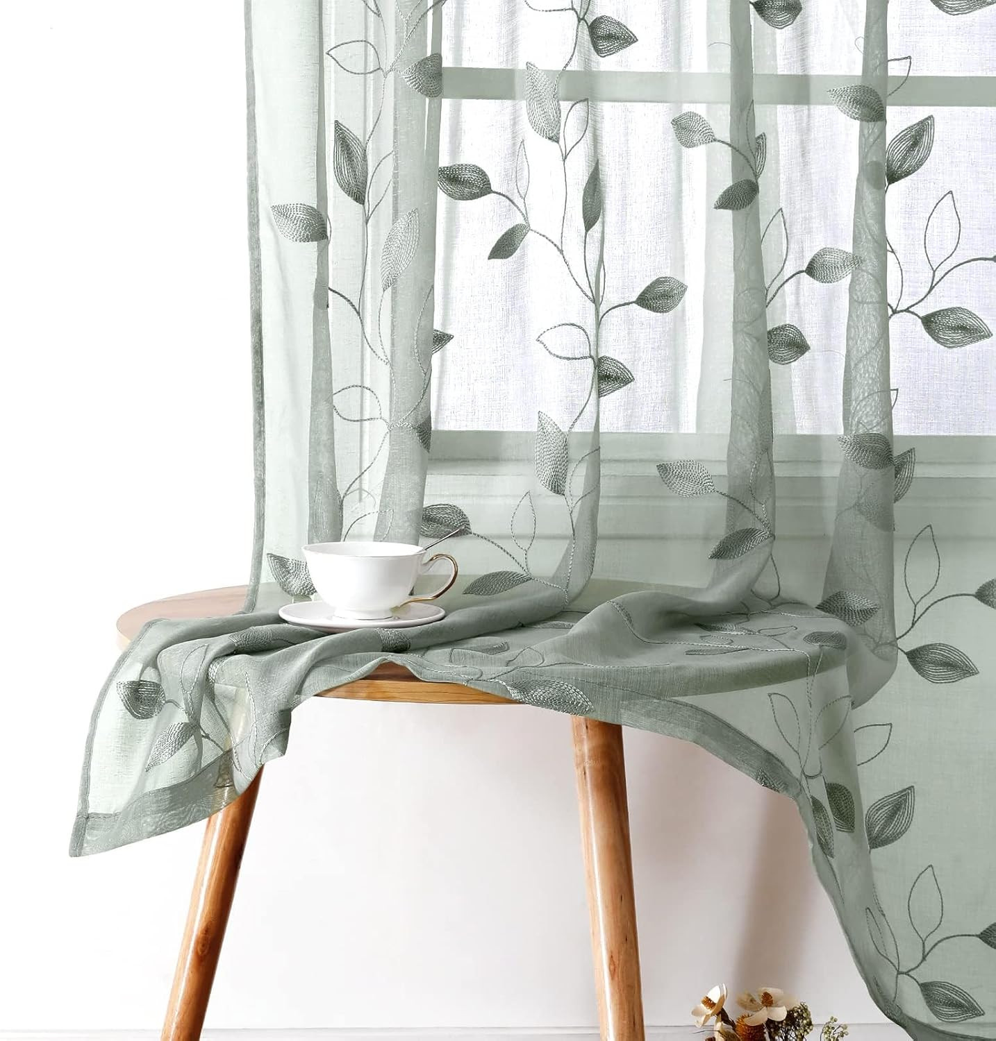 Sage Green Sheer Curtains 52 X 63 Inches Length 2 Panels Embroidered Leaf Patter