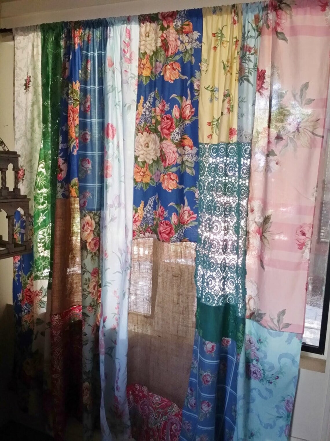 2 Pcs Indian Sari Patchwork Curtain Drape Window Decor Multi Silk Sari Curtain