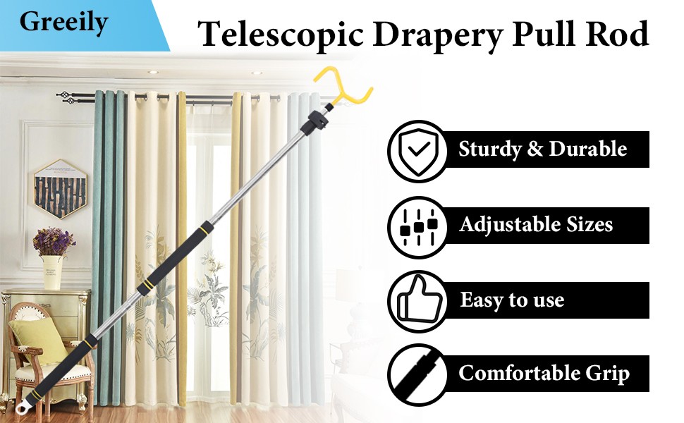 Curtain Pull Wand, Drapery Pull Rod for Curtains Adjustable 3-7.7 Feet