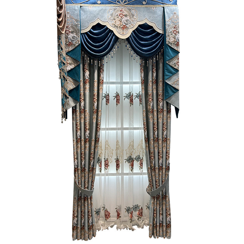 high-grade European blue jacquard chenille thick valance curtain tulle M1559