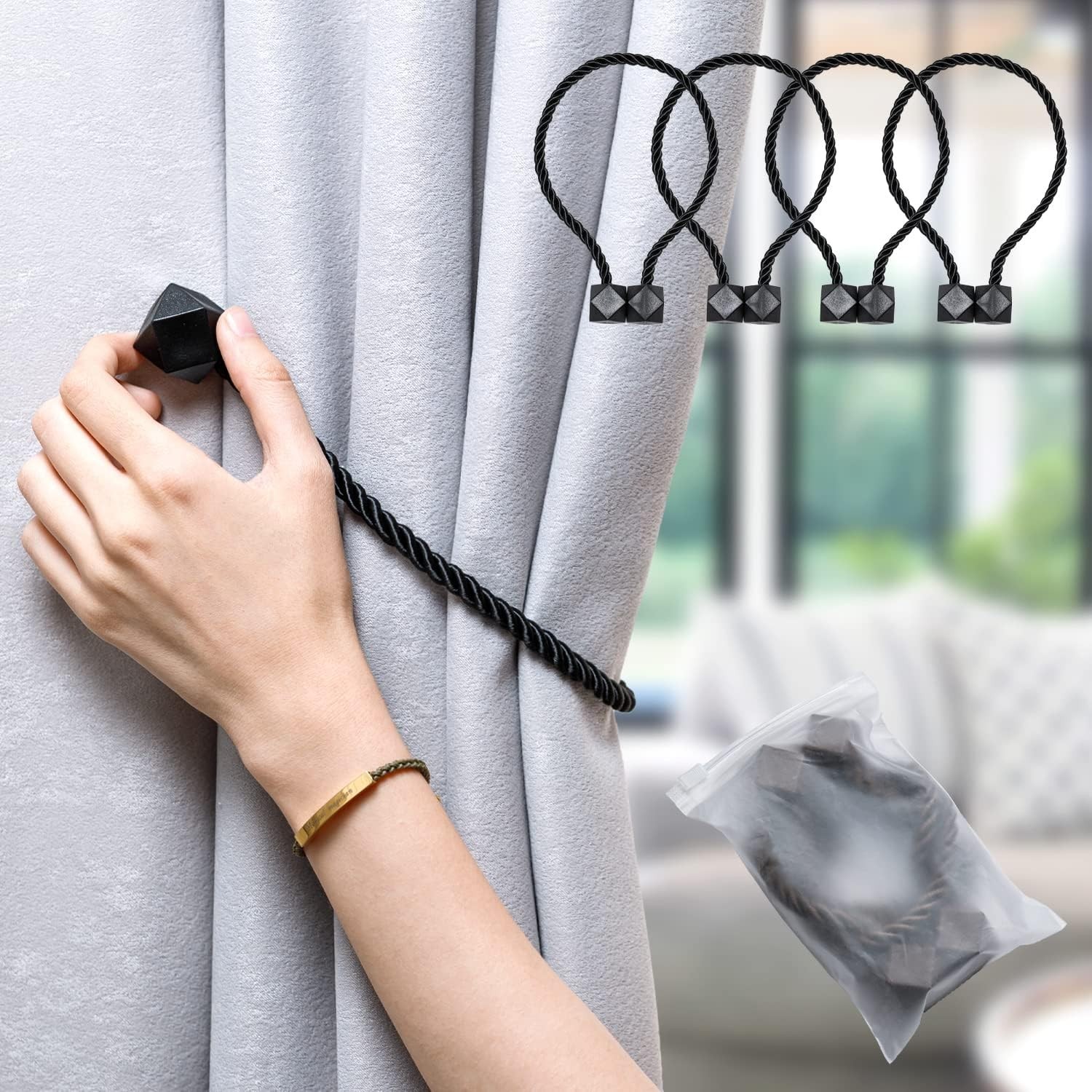 Upgraded 2022 Magnetic Curtain Tiebacks with Nickel Finish – 4 Pack in Black