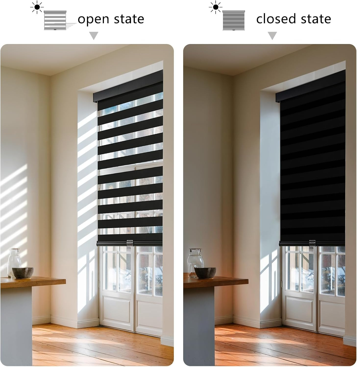 Cordless Zebra Blinds for Windows, 20″ W X 72″ H, Black | Dual Layer Light Filte