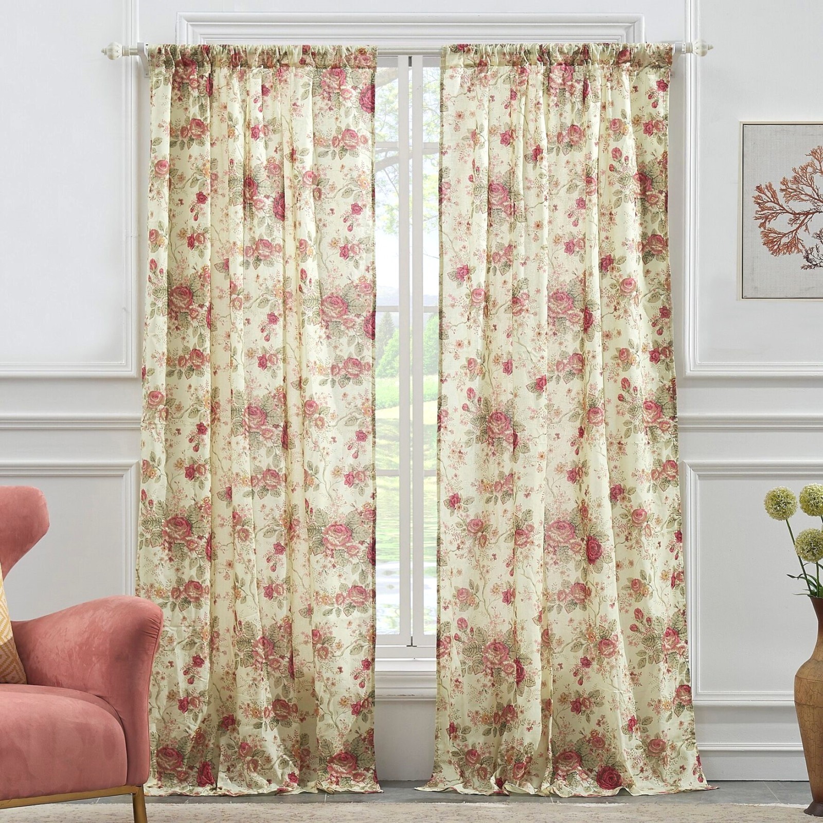 ANTIQUE ROSE 84×84 WINDOW PANELS : CHIC CREAM YELLOW SHABBY ROSES VINTAGE WINDOW
