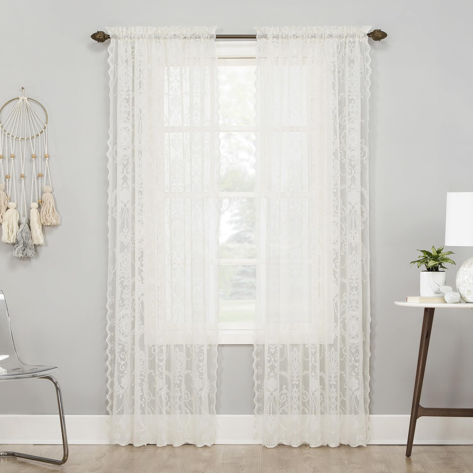 Ariella Floral Lace Rod Pocket Curtain Panel, 58″ x 63″, Ivory