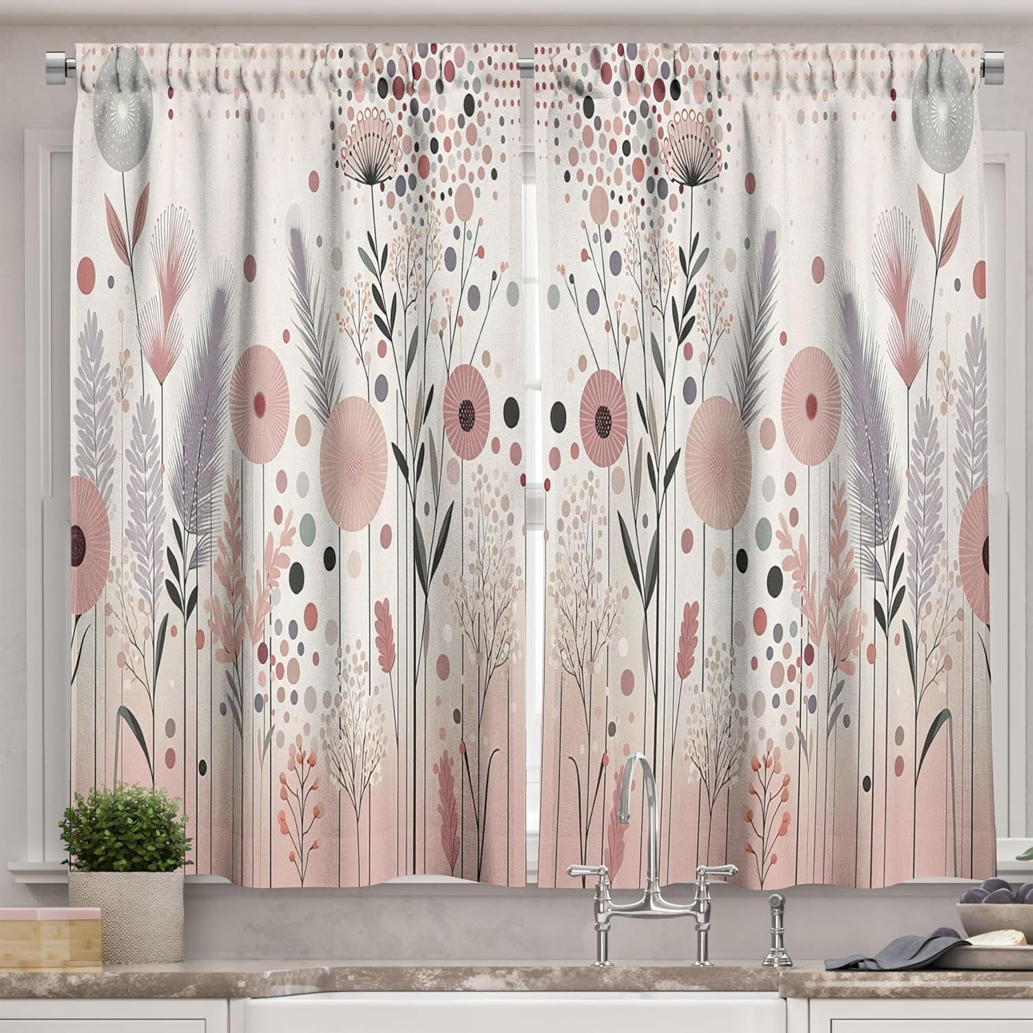 Floral Kitchen Curtains, Blushy Atmosphere Dreamy Lavender Flowers Geometric Pet