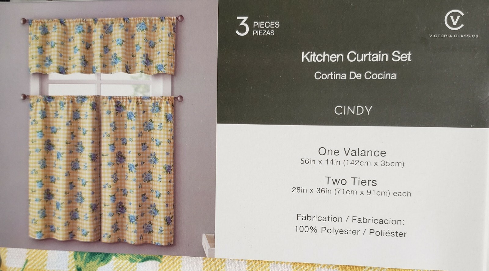 3pc. Curtains Set: Valance(56″x14″) & 2 Tiers (28″x36″) BLUE FLOWERS, CINDY, VC