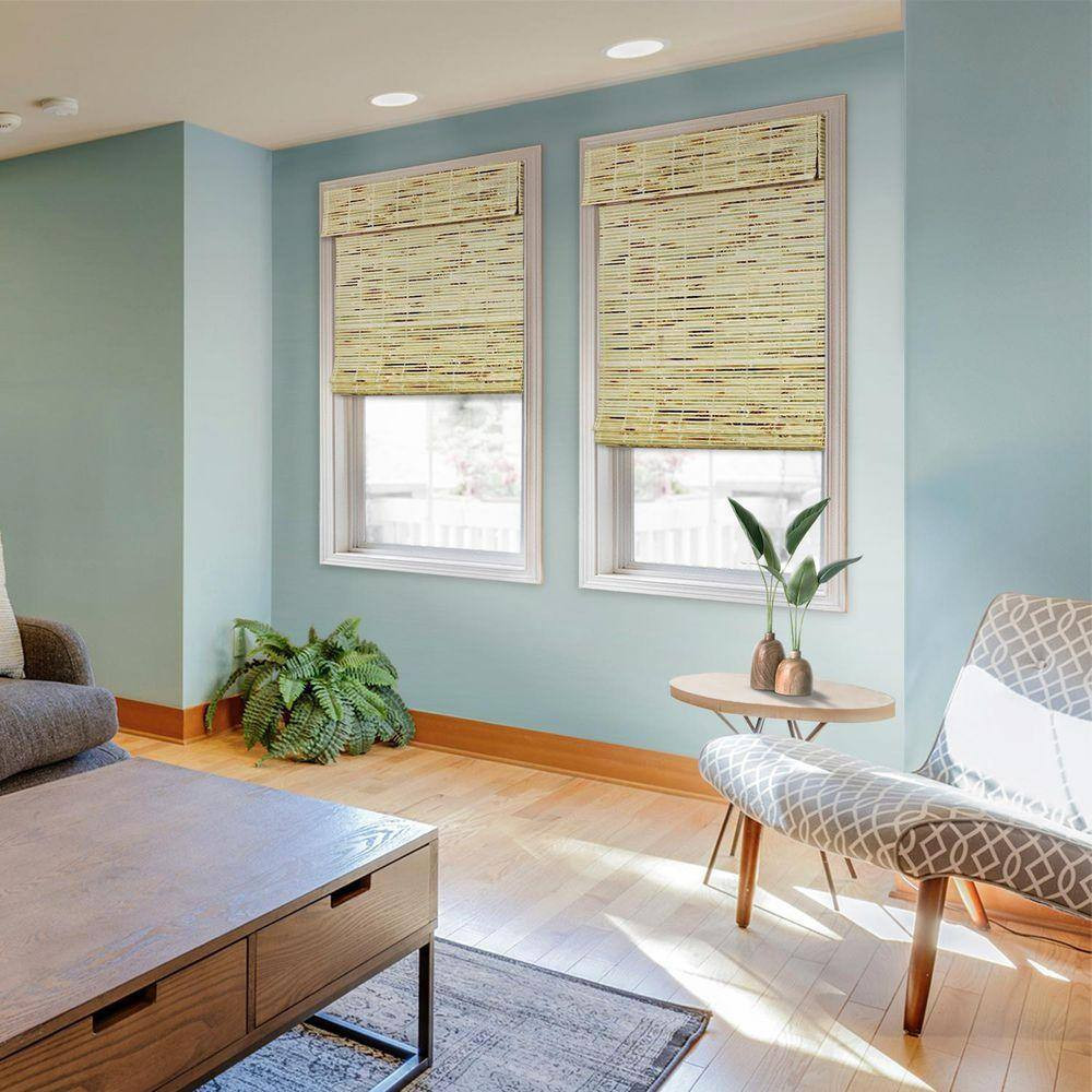 Natural Woven Light Filtering Cordless Bamboo Roman Shades for Windows, 27 In. W