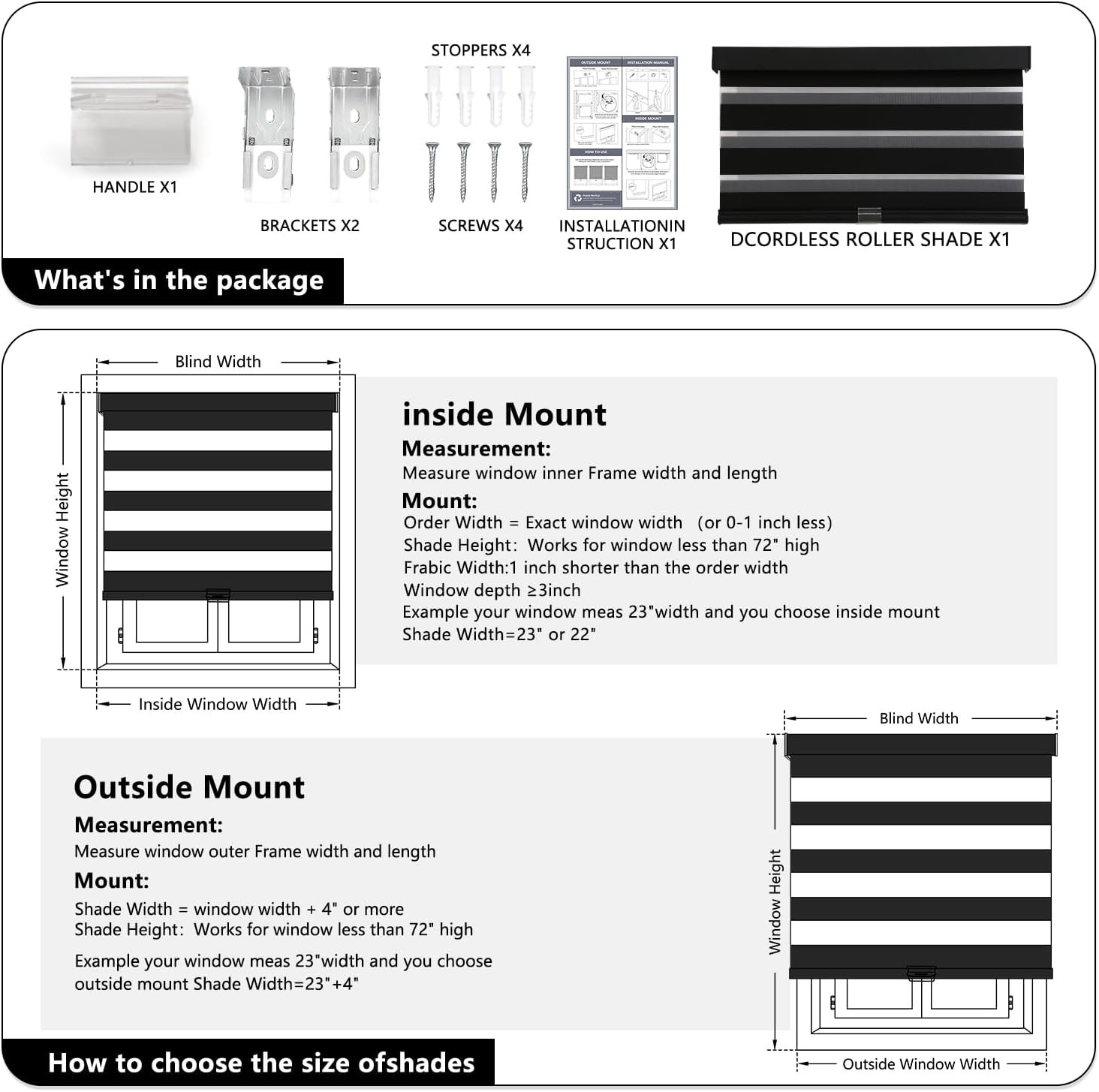 Cordless Zebra Blinds for Windows, 20″ W X 72″ H, Black | Dual Layer Light Filte