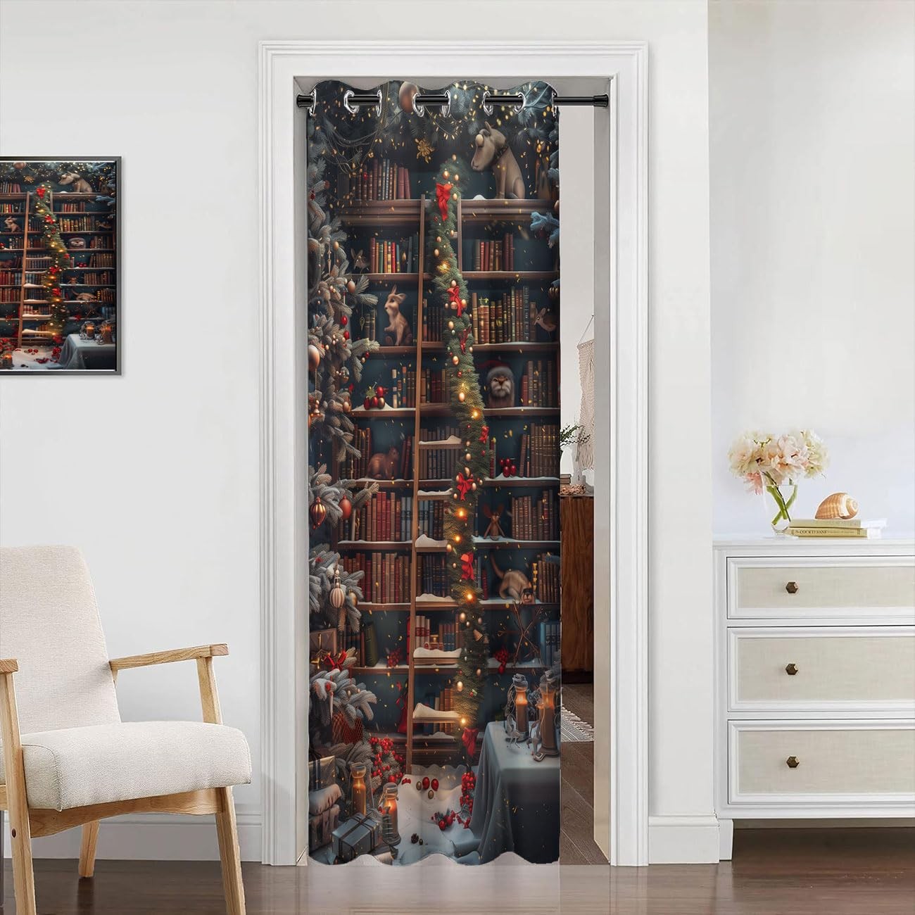 Christmas Bookshelf Door Curtain for Doorway, Fantasy Library Books Room Dark…
