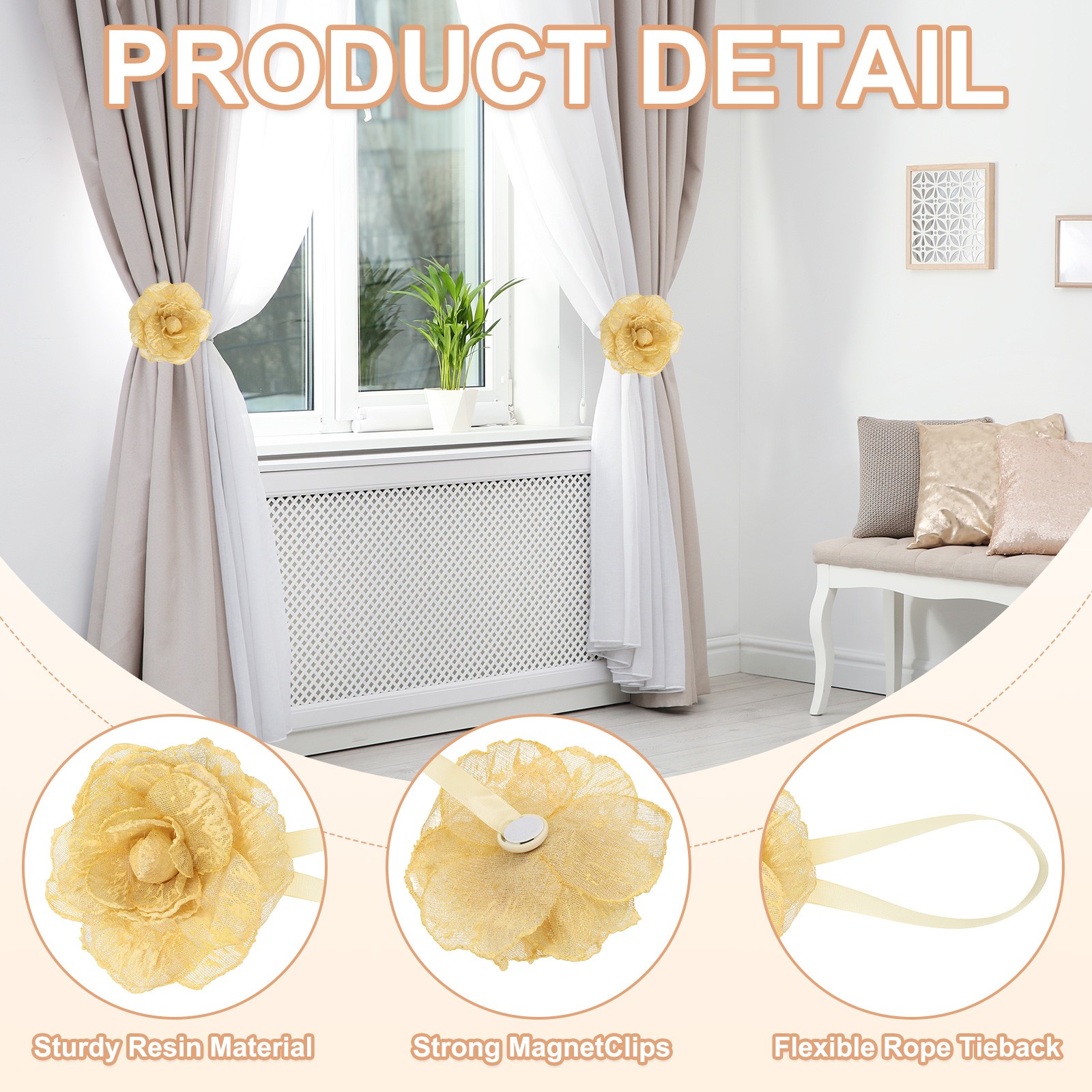 Flower Magnetic Curtain Tie Backs, 1 Pair Drapery Holdbacks for Home, Orange