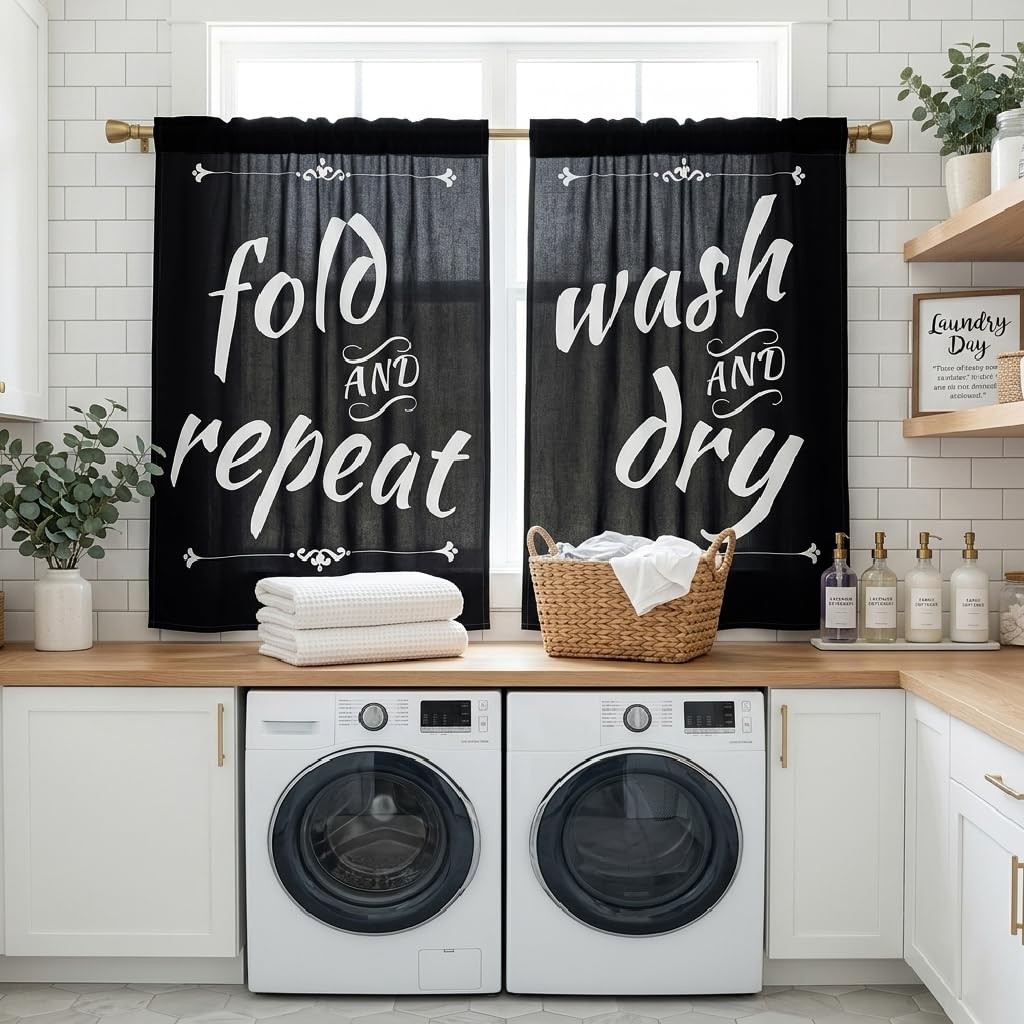 Black Laundry Room Curtains with Funny Sayings, Minimalist Trendy Wash Dry Fo…