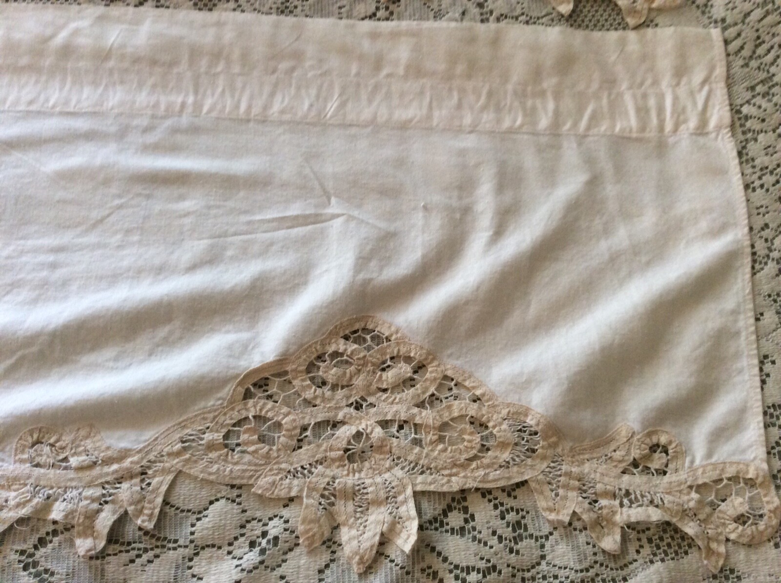 Pair Ivory Battenburg Lace Curtain Window Valance 58 x 14 Handmade Cotton