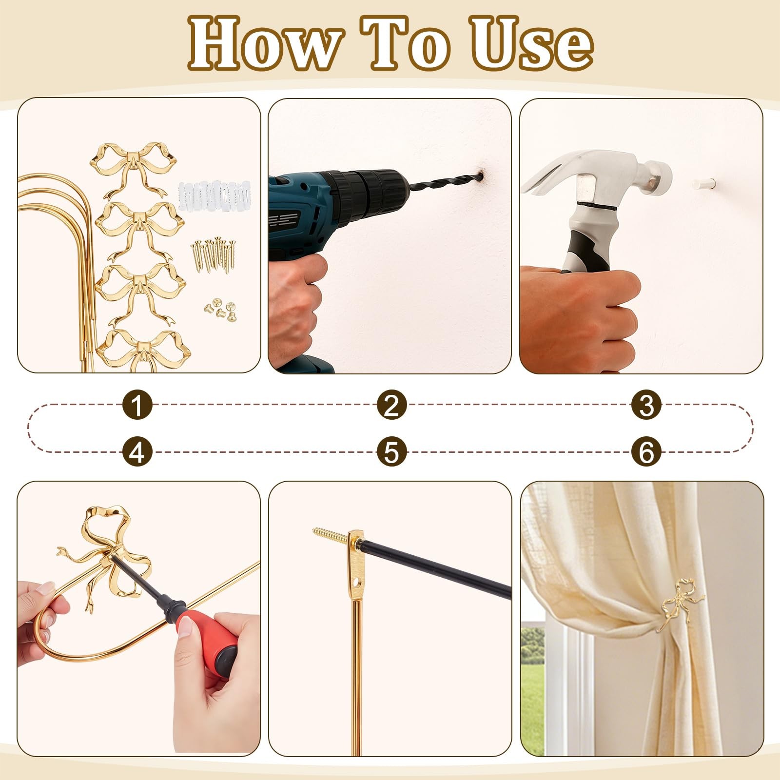 4 Pack Metal Bow Curtain Holdbacks Gold Curtain Tiebacks Wall Mounted Decorat