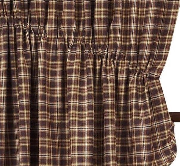 Country Drawstring Prairie Curtain Set Brown Cotton Plaid 63″ L x 72″ W Prescott