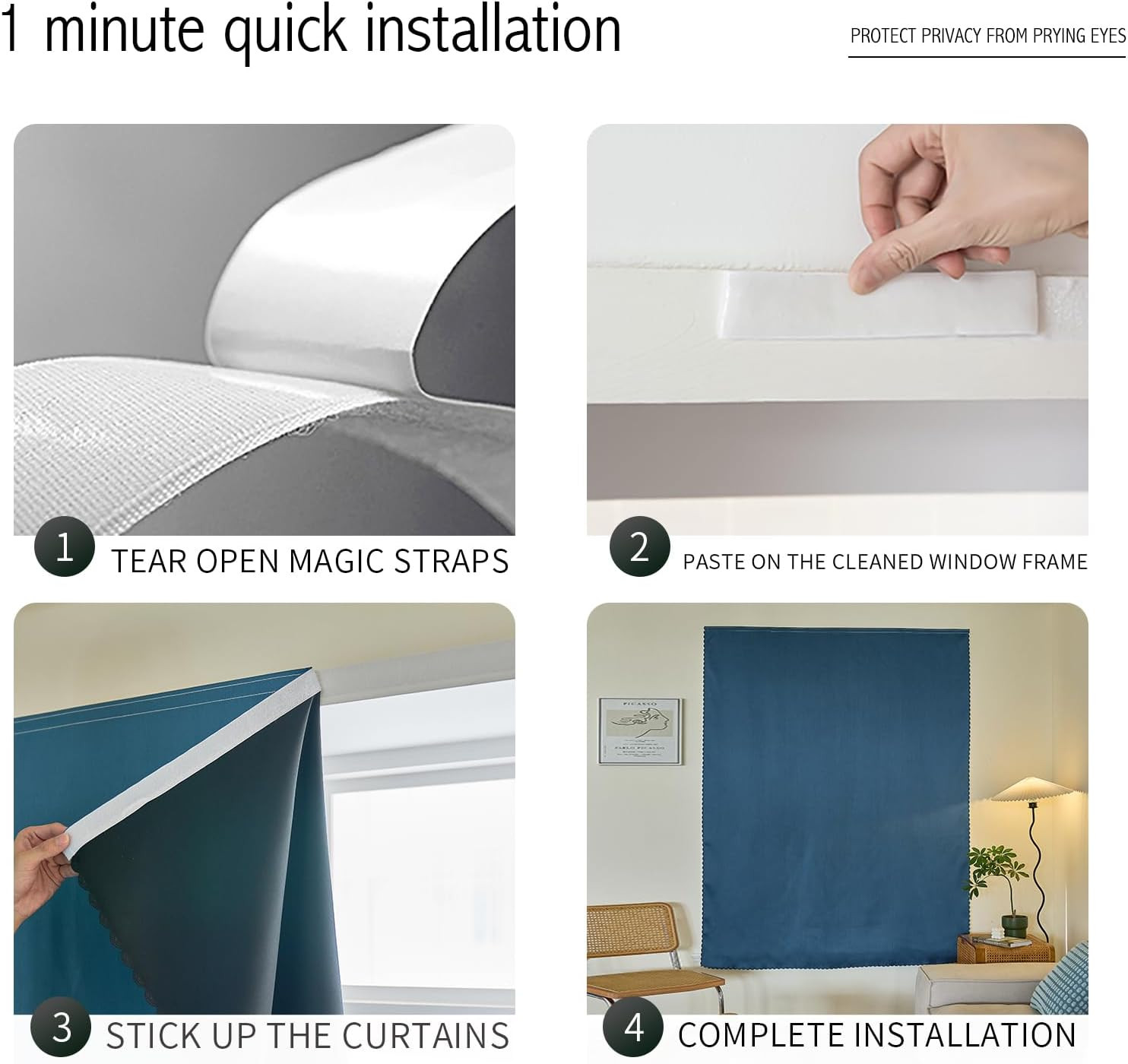 Magic Tape Stick on Portable Curtains for Windows,Bedroom Blackout Curtains for