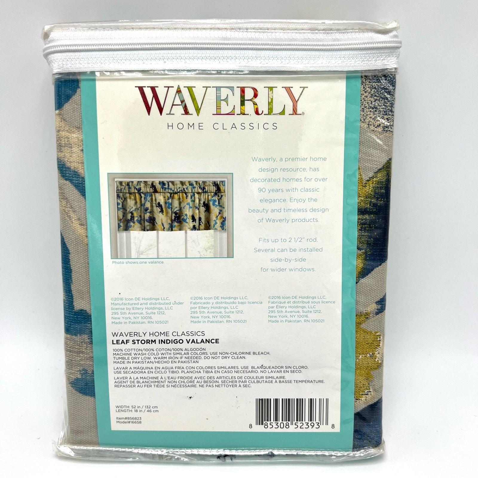 Waverly Leaf Storm Window Valance 52×18 Indigo Blue Gold Cotton Rod and Pocket