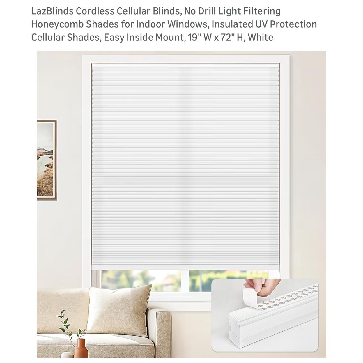 LazBlinds Cordless Cellular Blinds No Drill Light Filtering 19W x 72H White