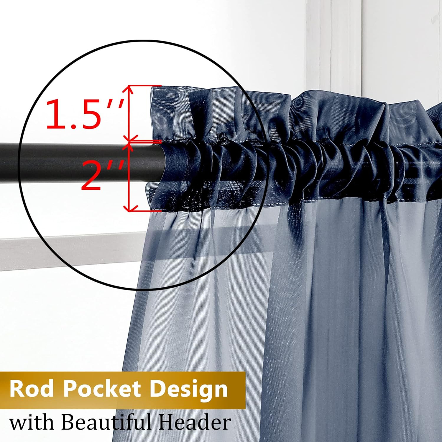 Navy Blue Sheer Curtains 45 Inch Length 2 Panels Set for Farmhouse