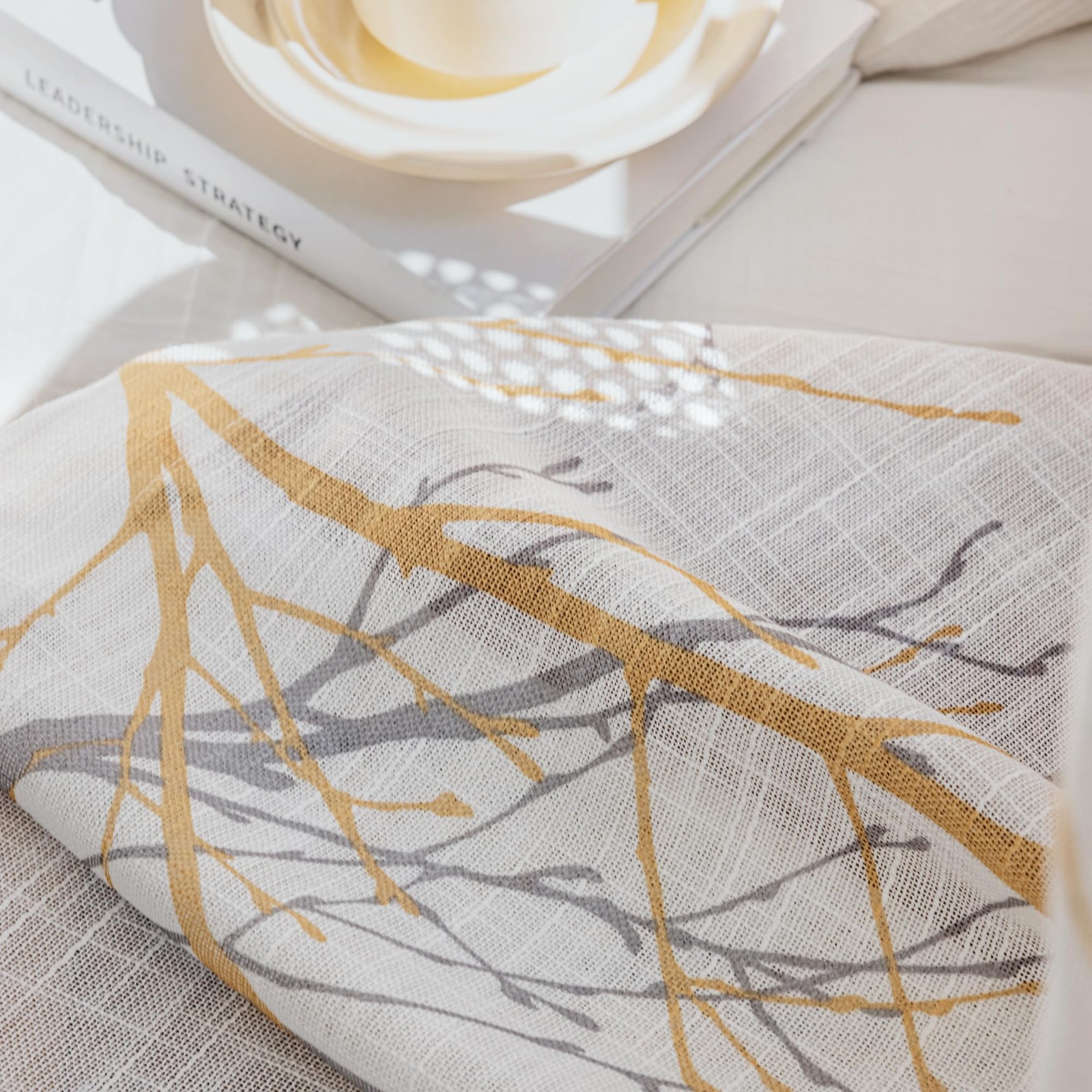 White Sheer Front Door Curtains for Glass 40 Inches Long Yellow Grey Print Br…