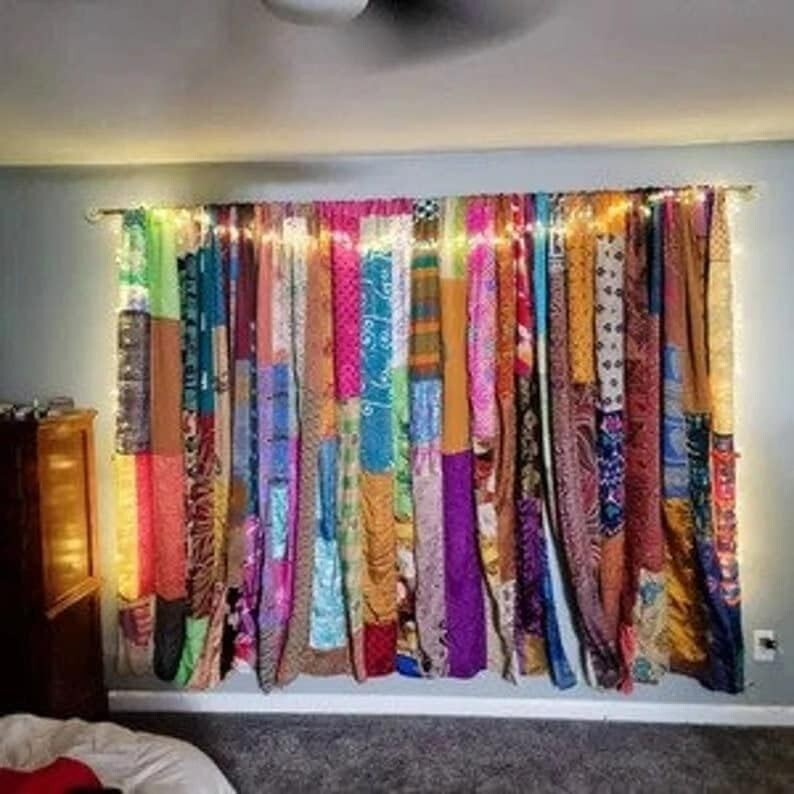 2 PCS Indian Sari Patchwork Curtain Drape Window Decor Multi Silk Sari Curtain