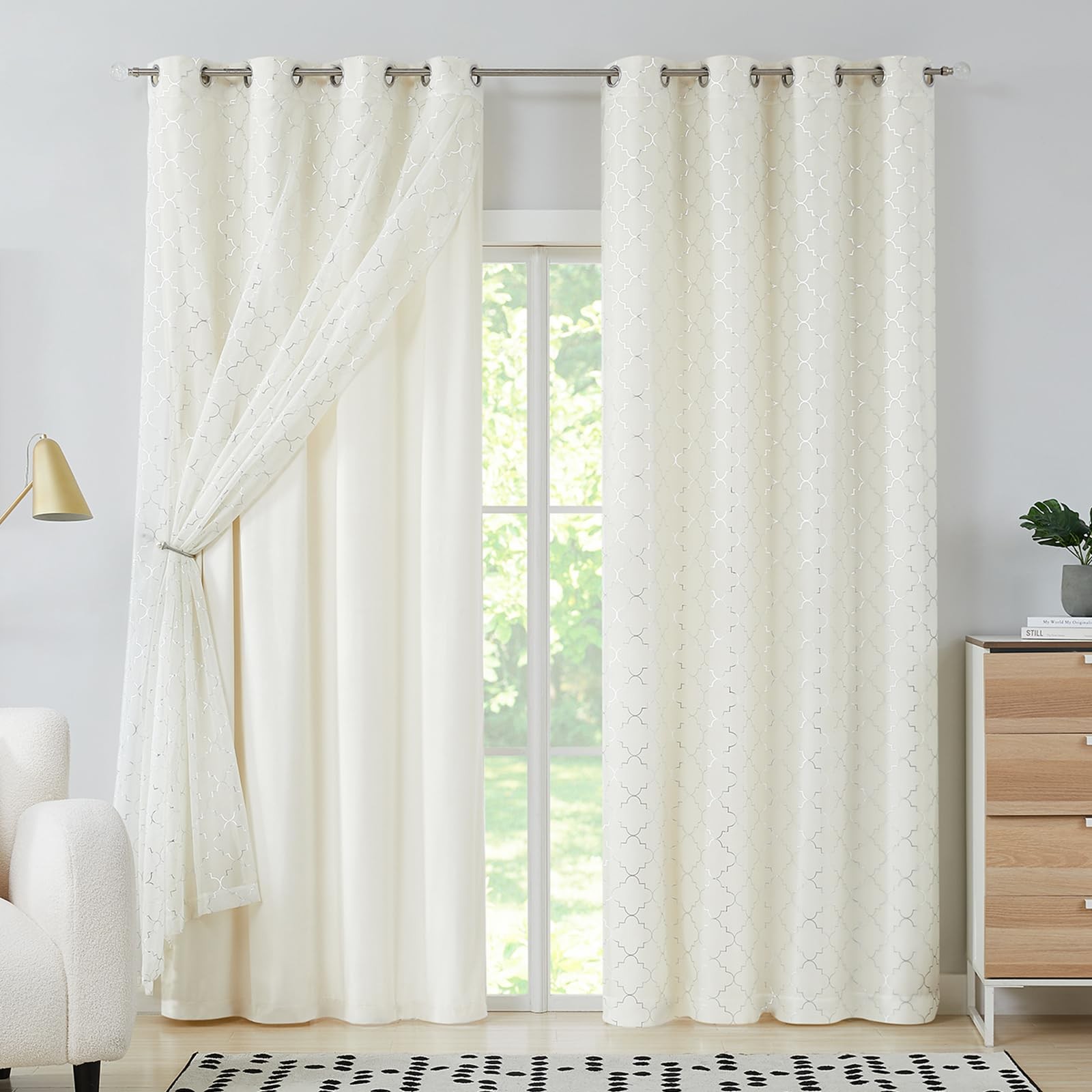 4 Piece Curtains Set Mix and Match Curtains White Moroccan Metallic Silver Print