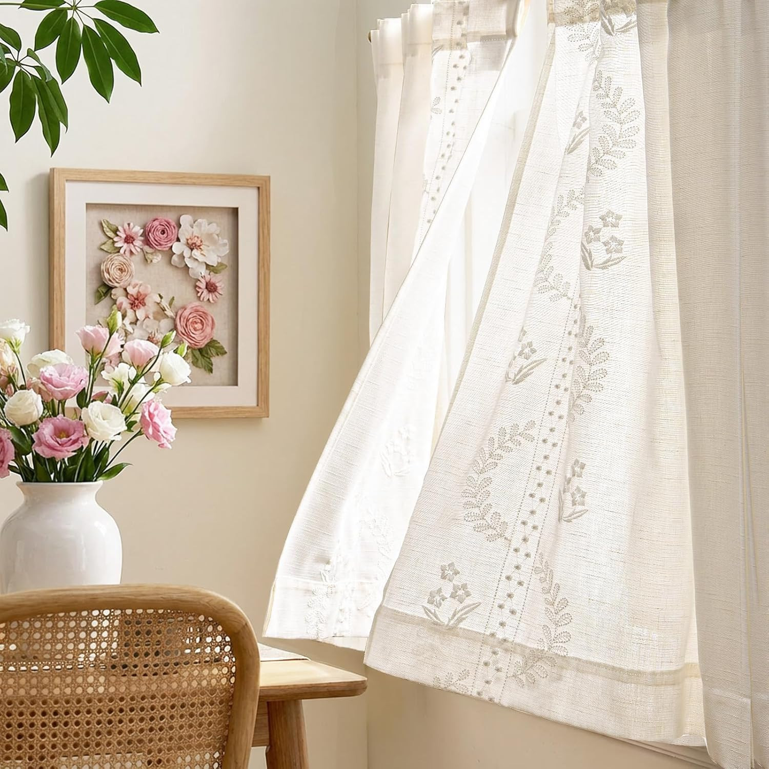 jinchan Belrose Linen Floral Kitchen Curtains 36 inch Length Embroidered Farmhou