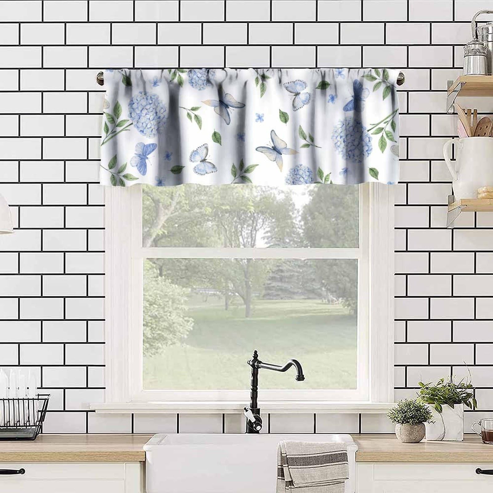 Spring Hydrangea Valance Curtain, Rustic Summer Blue Moth Butterfly Flowers G…