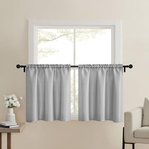 Waffle Bathroom Window Curtains, Short Water 24″W x 24″L (Pack of 2) Grey