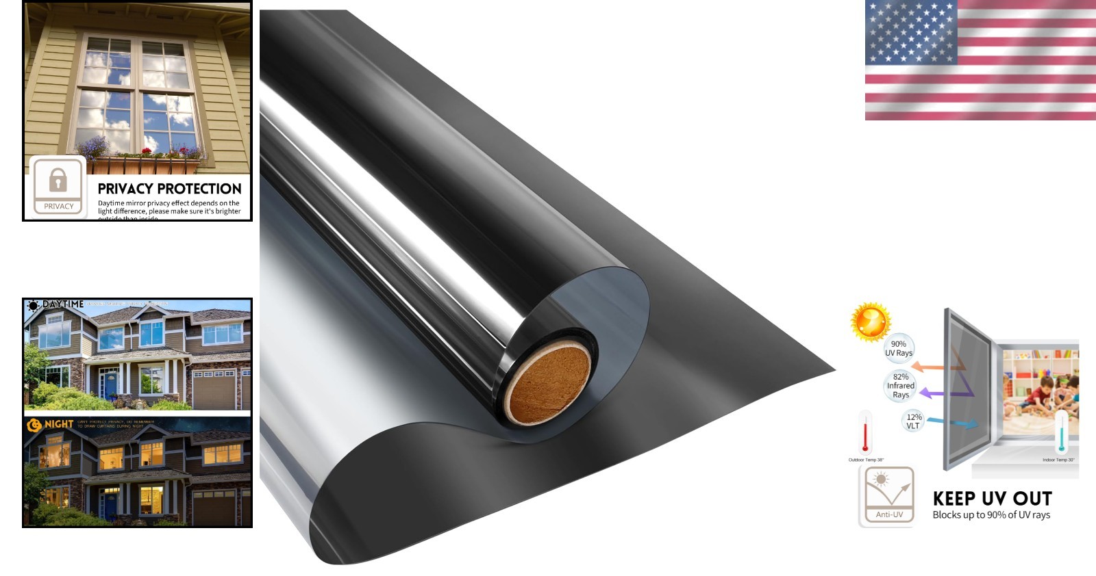 One Way Reflective Window Tint – 90% UV Protection, Black-Silver, 17.5″ x 6.5′