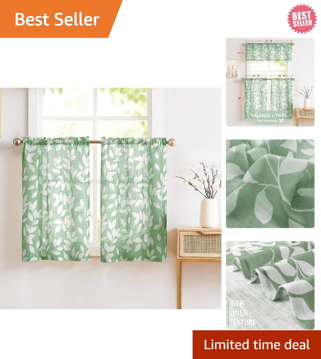 Art Deco Green & White Leaf Print Semi-Sheer Kitchen Curtains – 36″ Panels (2pc)