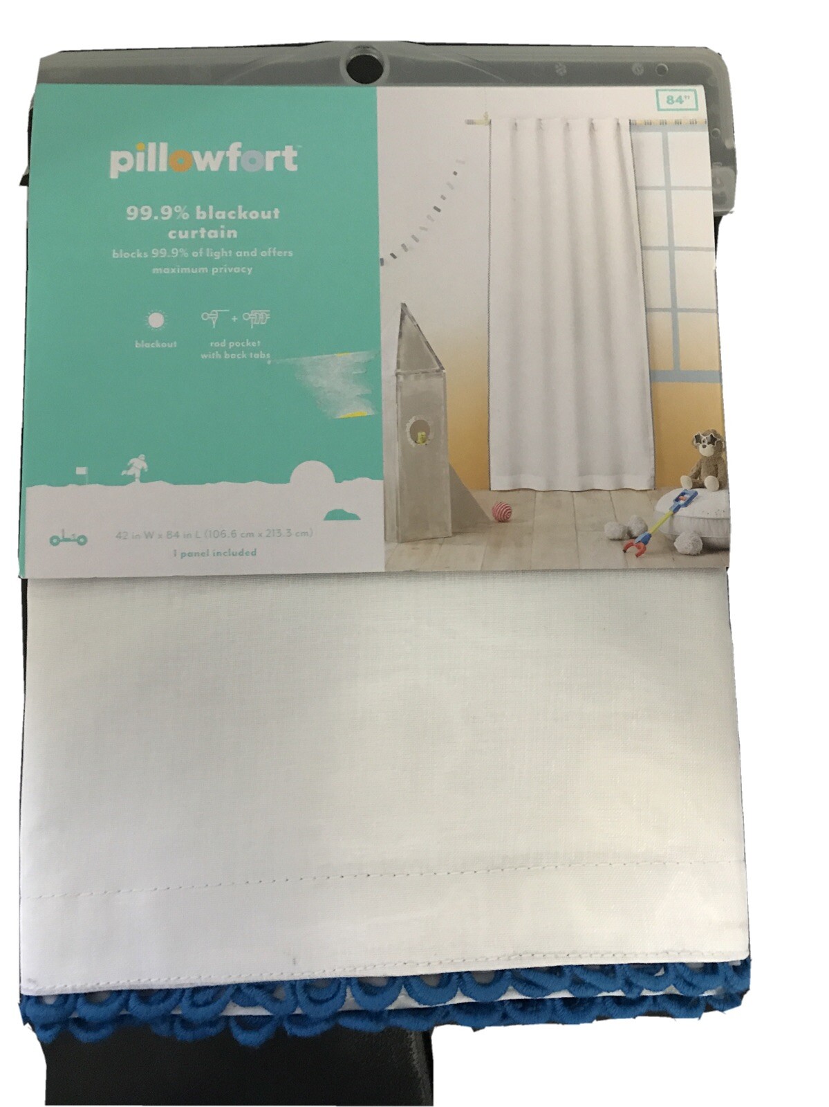 Pillowfort 42″ W x 84″ L Blackout Curtain Panel Rod Pocket with Teal Loop Trim