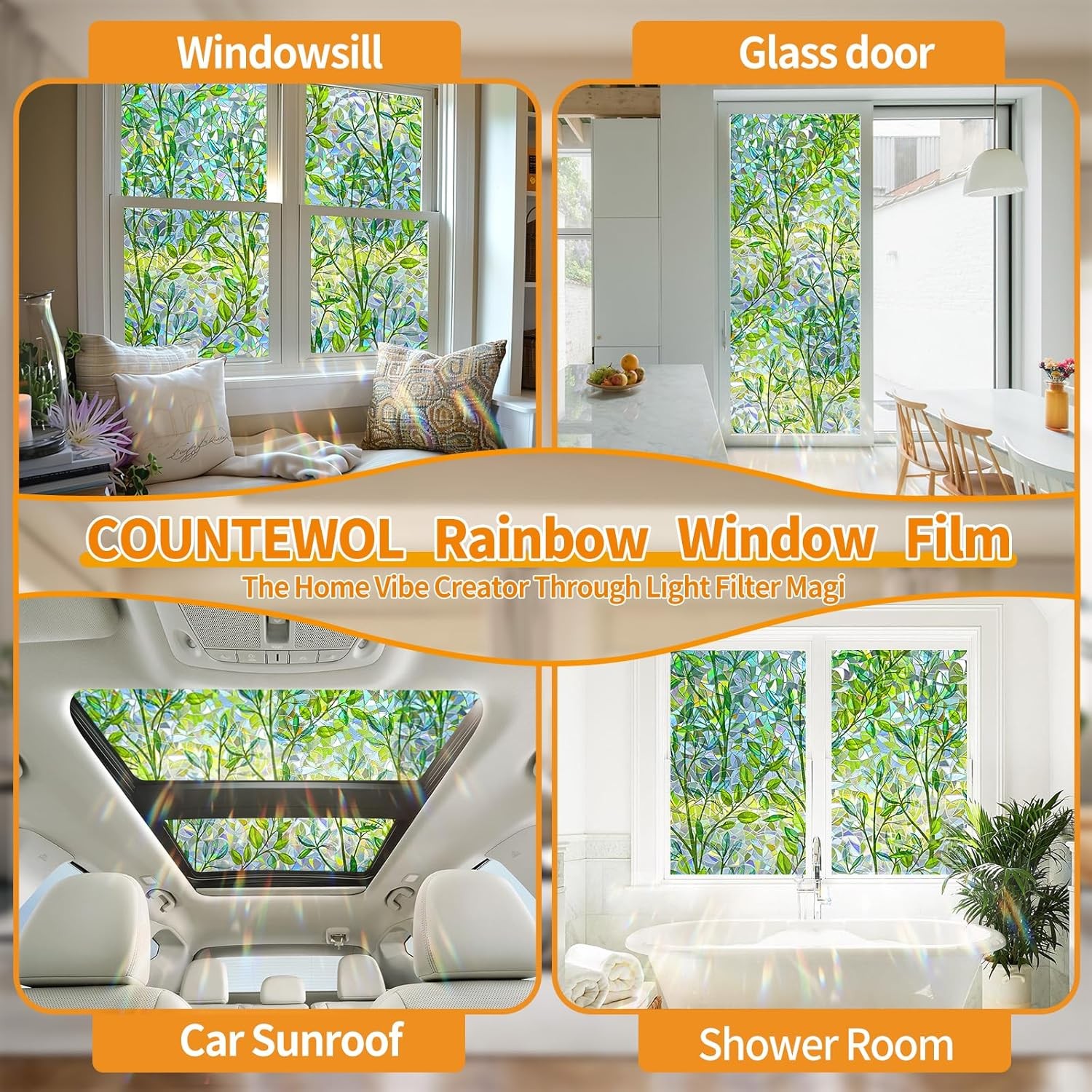 Window Privacy Film Stain Glass 17.5 x 78.7 in, Leaf Rainbow