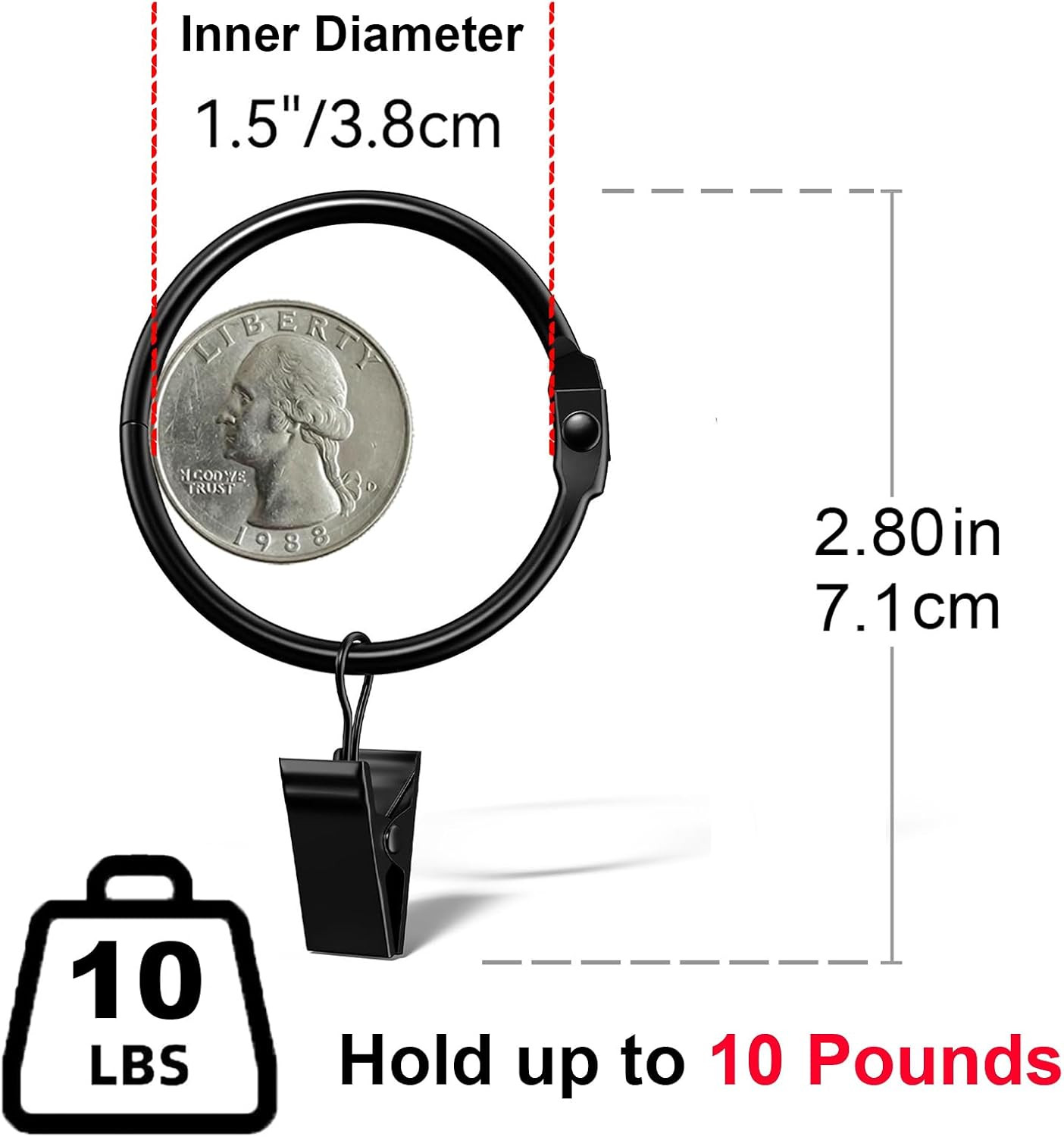 40 Pack 1.5 Inches Curtain Rings with Clips, Openable Drapery Metal Clip Iron Dr