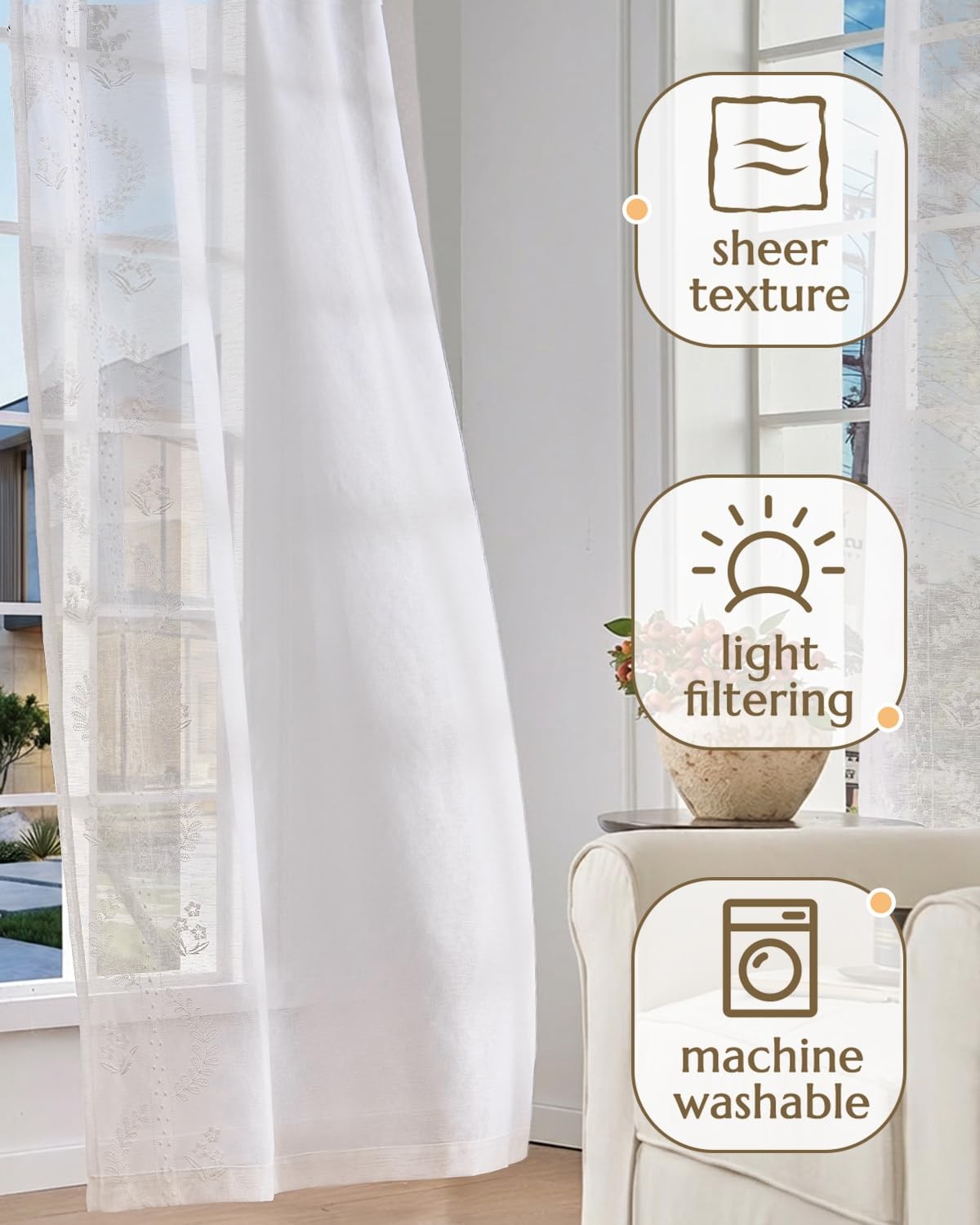 jinchan Belrose Linen Sheer Curtains 50x63in 2 Panels White