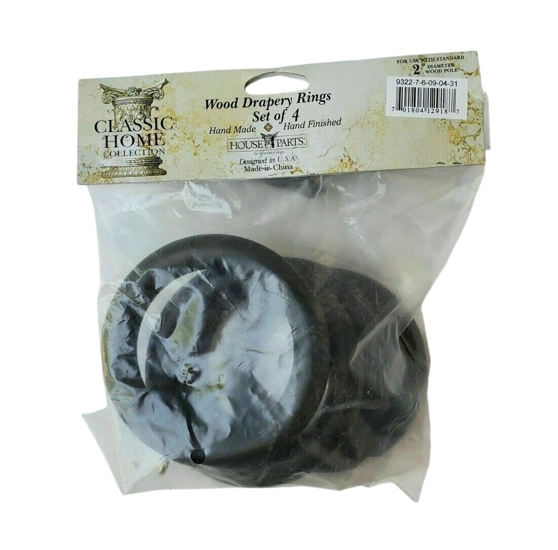 Dark Brown Wood Drapery Rings Set of 4 Curtain Rod Hardware 2 Inch