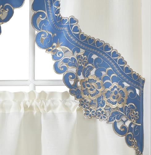 GOHD Arch Rosarium 3pcs Kitchen Curtain Set, Elegant Ivory Fabric with Rose Embr