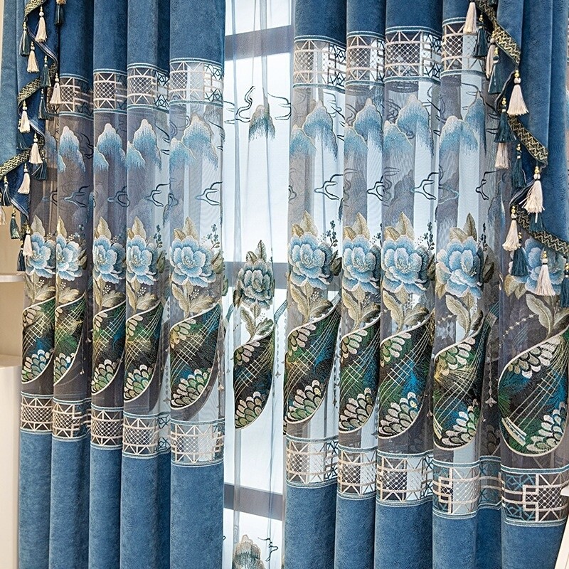 1 Panel Blackout Chenille Curtain Chinese Sealing Embroidery Sheer Tulle Home
