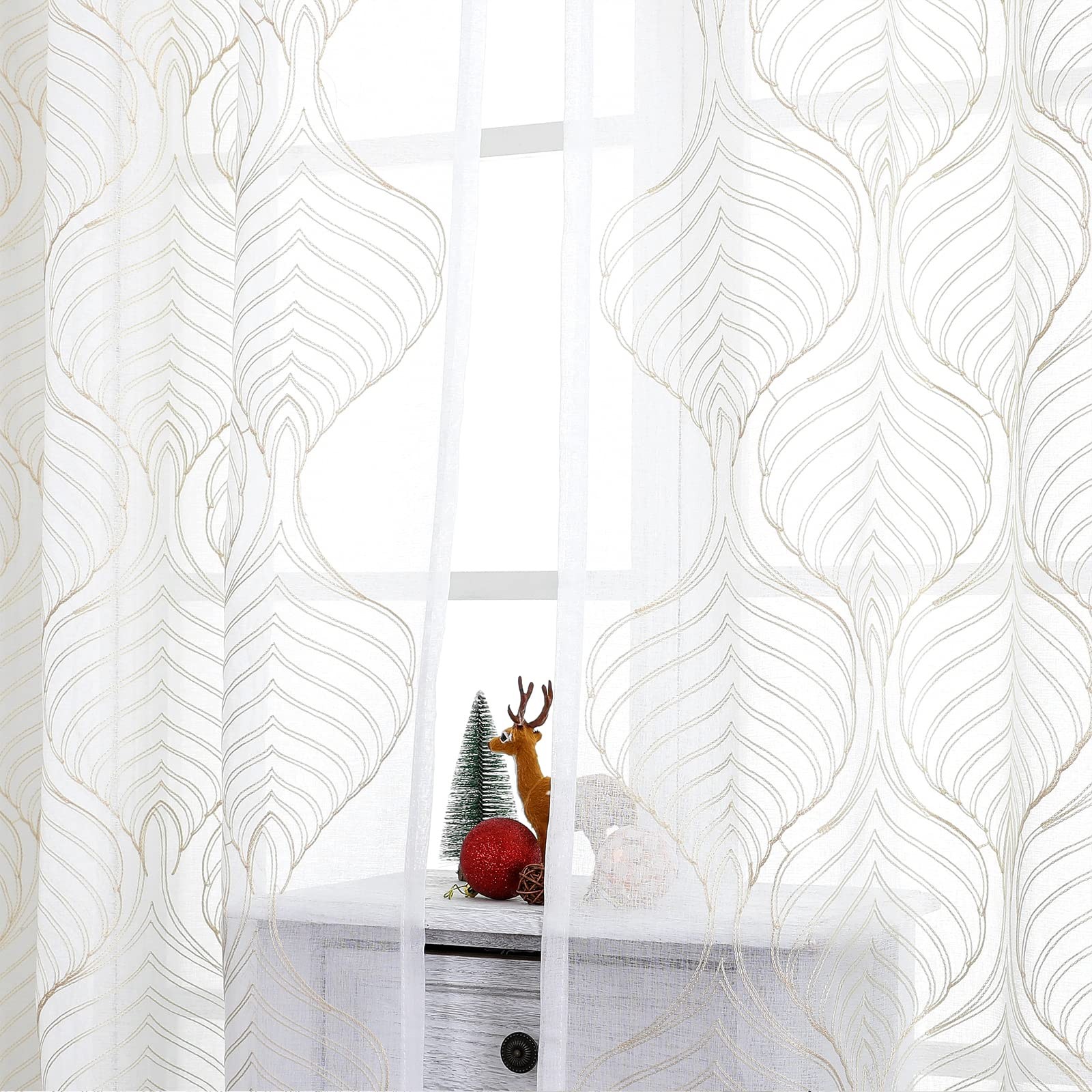 Sheer Curtains 72 Inches Long 2 Panels Set Beige Moroccan Embroidery Texture …
