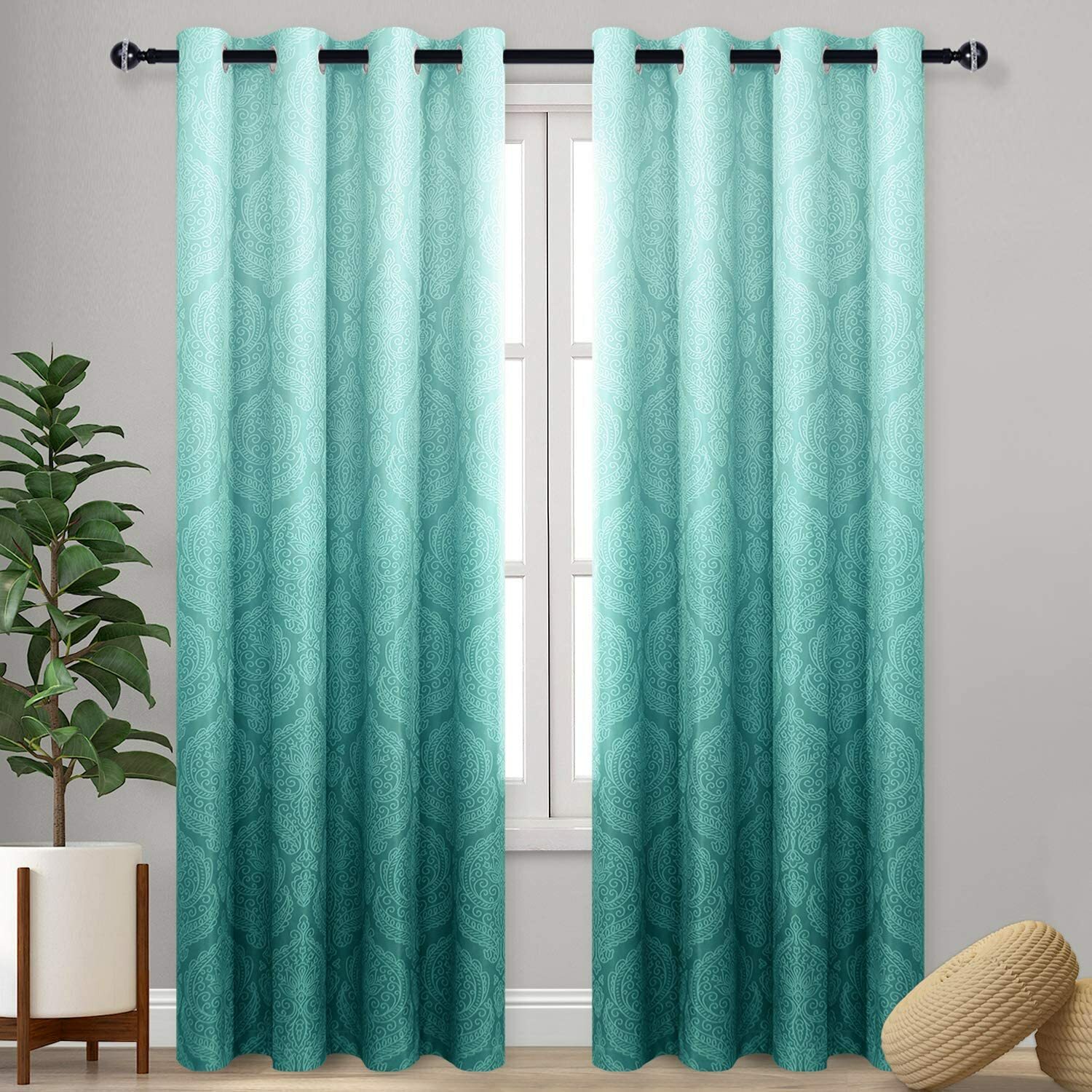 Set 2 Teal Green Ombre Damask Curtains Panels Drapes Pair 63 84 96 in L Grommet