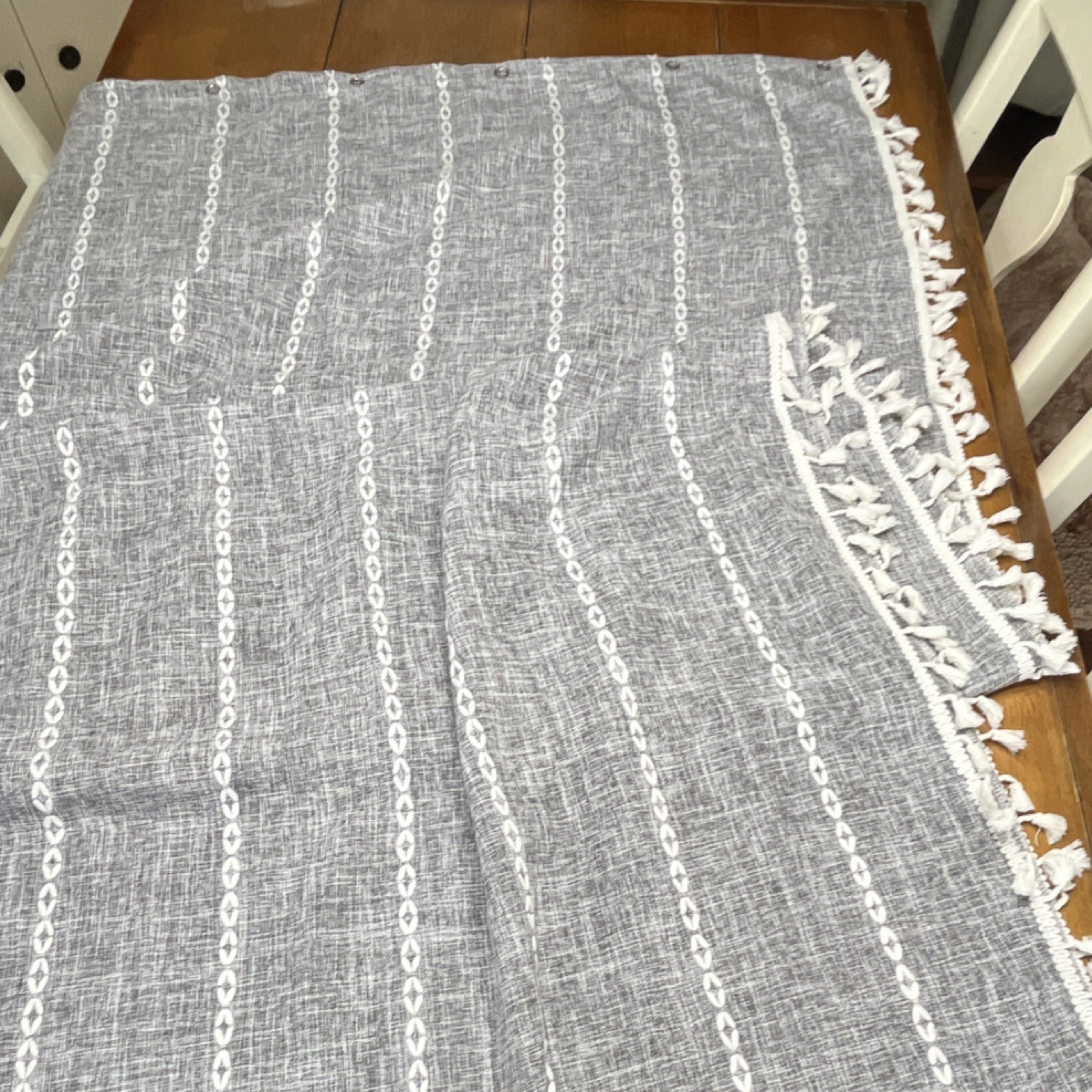 Gray and White curtain panel or shower curtain. with Tassels, Rectangular 70×88