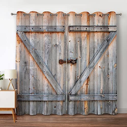 Barn Door Blackout Curtains Rustic Farmhouse Oak Decor for Bedroom, 52″x84″