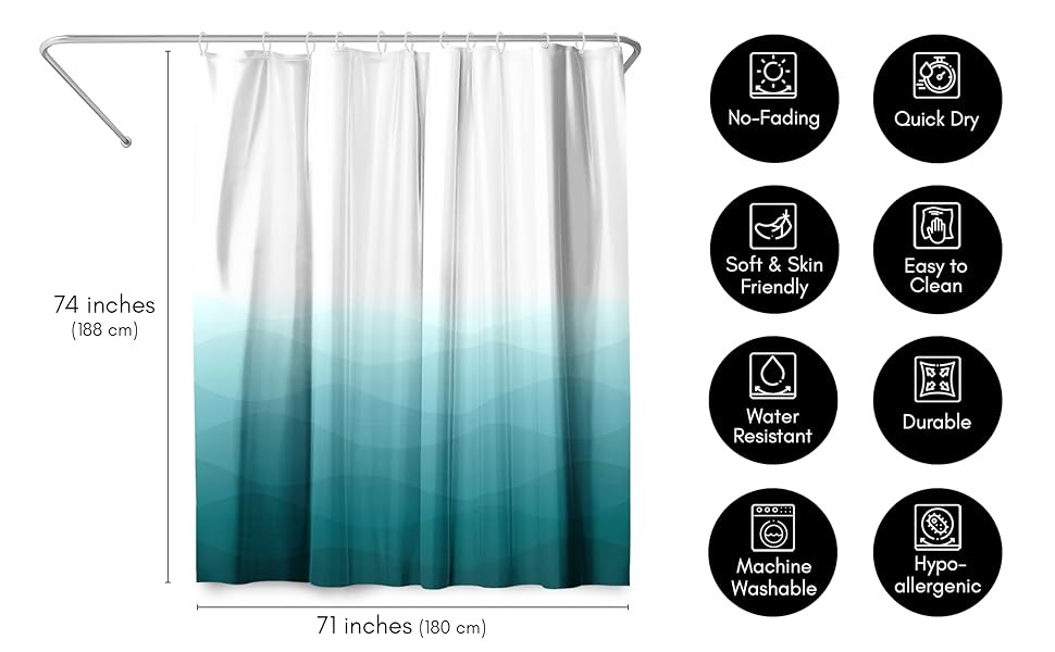 71×74 Wave Blue Ombre Shower Curtain – Water-Resistant Long Shower Curtain with